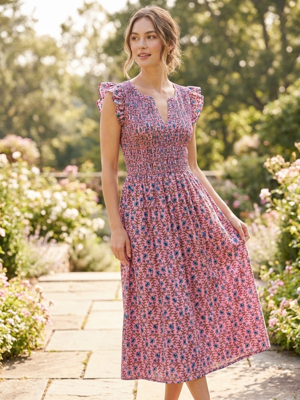 J.Crew Flutter Sleeve Pink Floral Midi Dress
